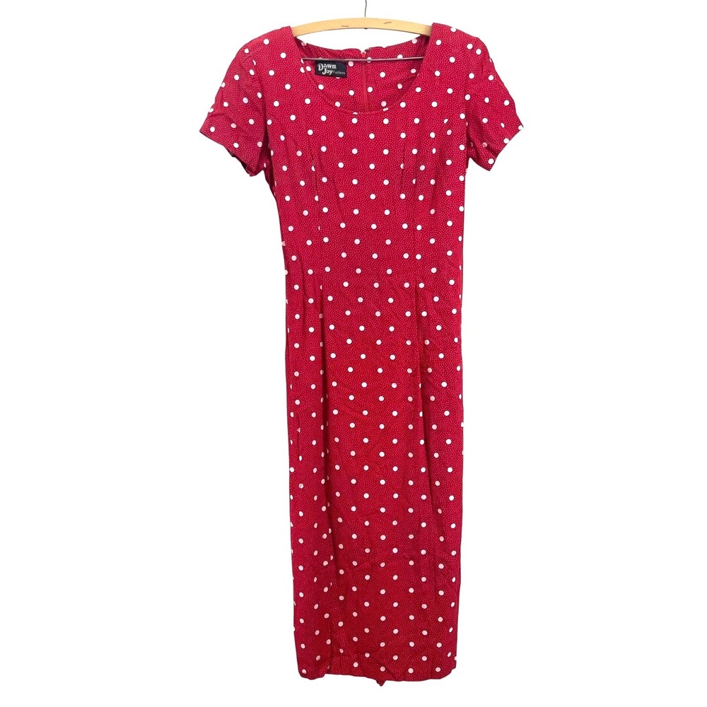 Vintage Polka Dot Midi Spring Wedding Guest Dress S/M Red Lace Up 80s 90s Pinup - Picture 1 of 9